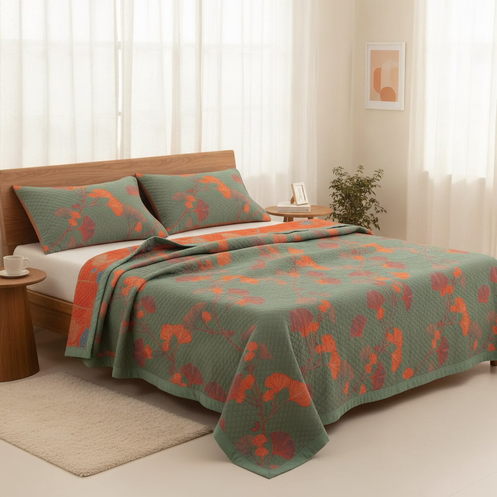 Ginkgo Quilt Bedding Set — Orange Bloom Floral Coverlet Queen Reversible Quilt Lightweight Bedspread Botanical Cotton Qu