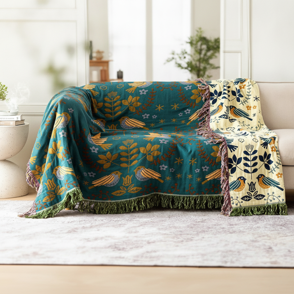 Cotton Throw Blanket Reversible Bird Sofa Cover Decorative Blanket Farmhouse Throw Living Room Accent