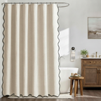 Scalloped Linen Bathroom Shower Curtain Fabric Bath Decor Water-Resistant Liner Modern Farmhouse Ring-Free Hookless