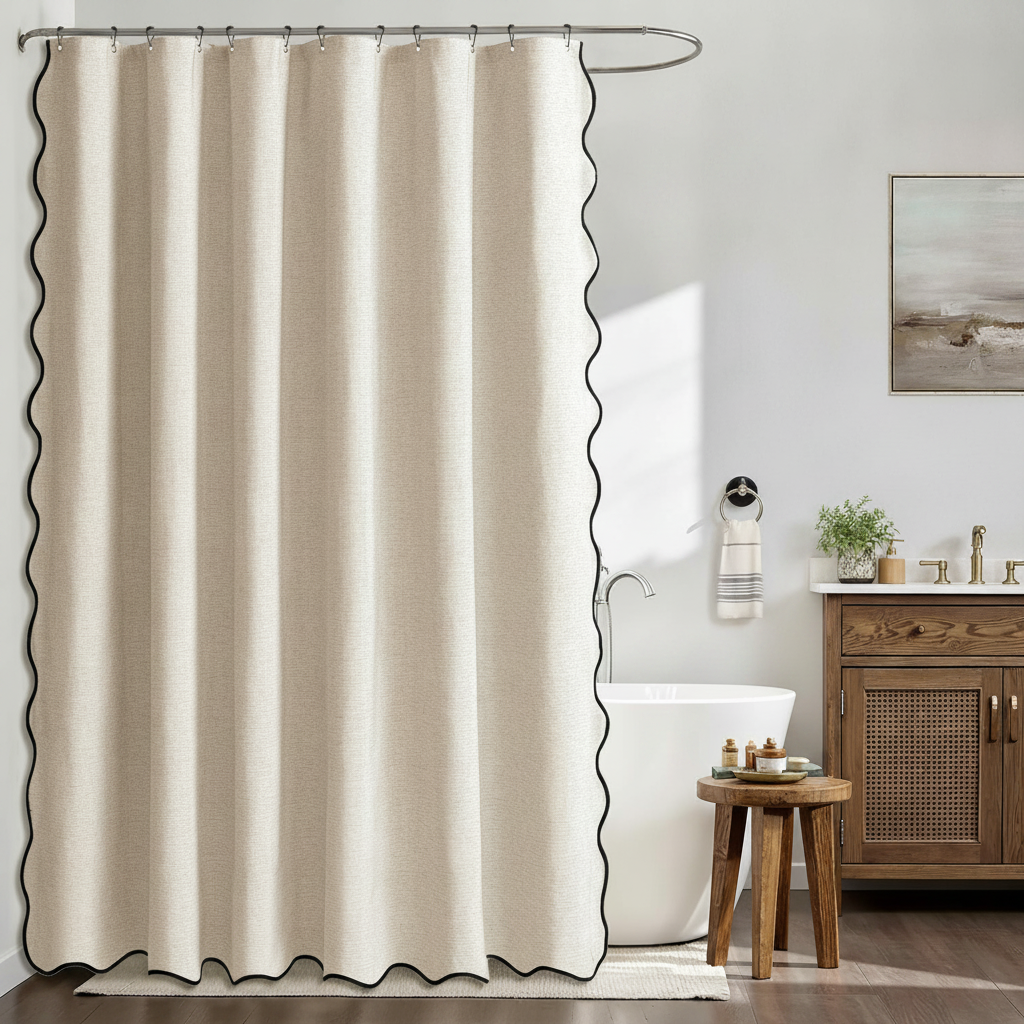 Scalloped Linen Bathroom Shower Curtain Fabric Bath Decor Water-Resistant Liner Modern Farmhouse Ring-Free Hookless