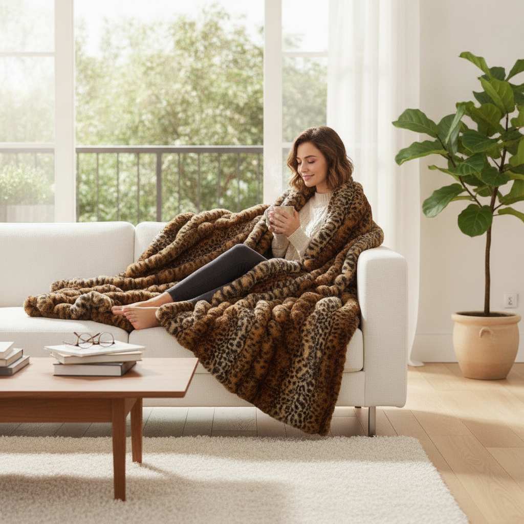 Luxury Faux Fur Animal Print Blanket Faux Fur Throw Leopard Blanket Cozy Decorative Bed Cover Safari Bedroom Accent