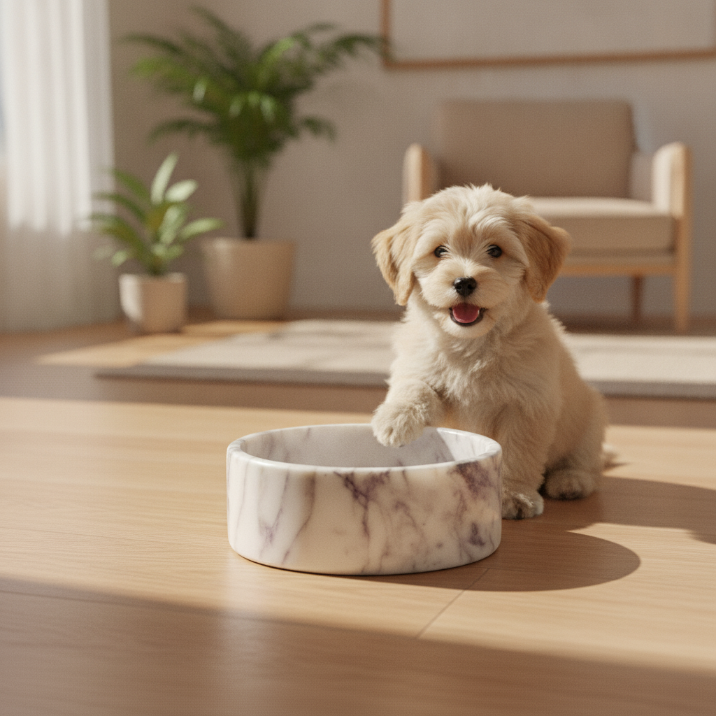 calacatta-viola-marble-dog-bowl lifestyle 1