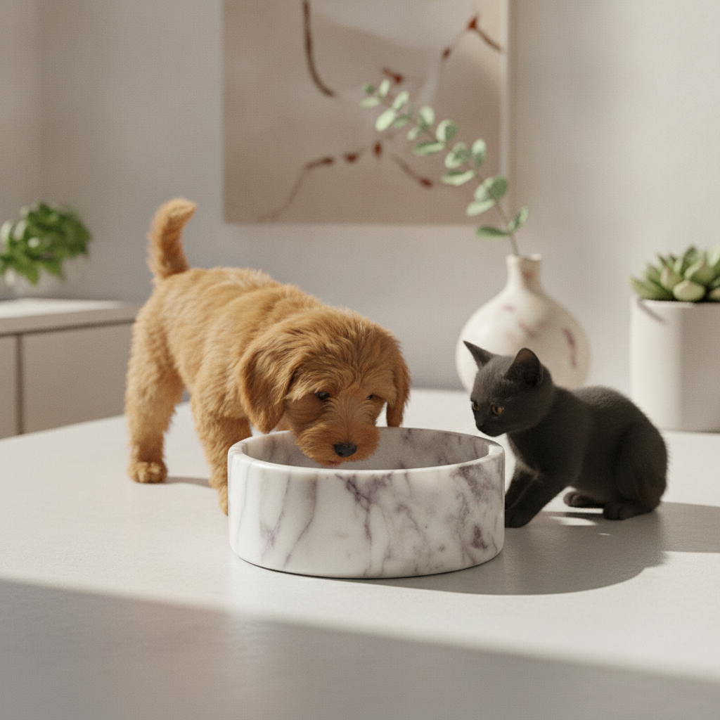 calacatta-viola-marble-dog-bowl lifestyle 2
