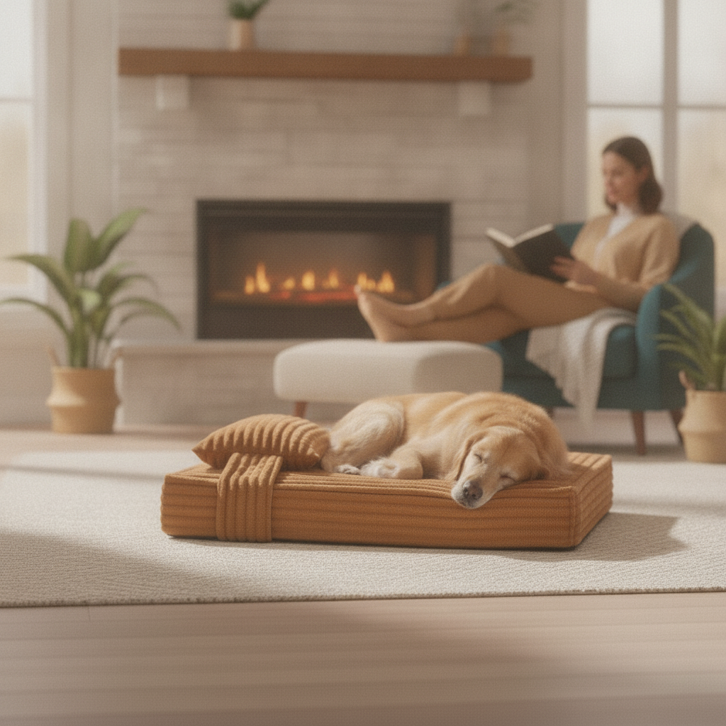 tan-brown-flannel-orthopedic-dog-bed lifestyle 4