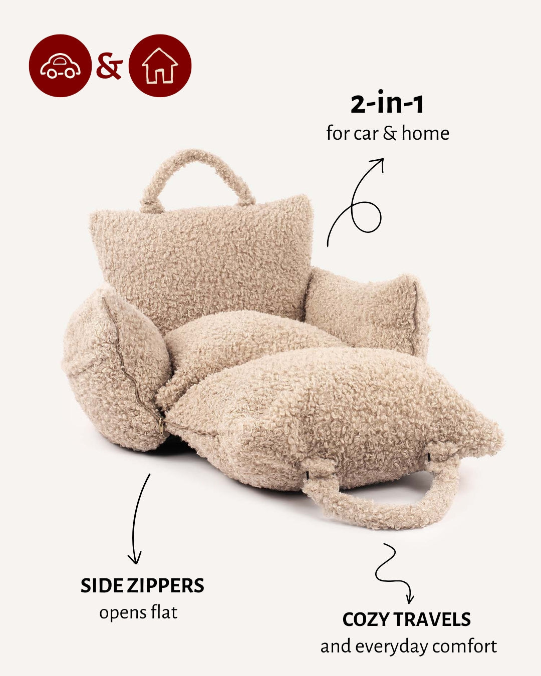 Beige Teddy Travel Car Dog Bed — Plush Portable Pet Bed, Soft Cushion for Small Medium Dogs, Luxury Car Seat Bed with Handle, Washable Travel Accessory - View 2