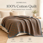 Vintage Japanese Cotton Quilt Reversible Coverlet 100 Cotton Bedspread Asian Art Bedding Boho Throw Blanket - View 2