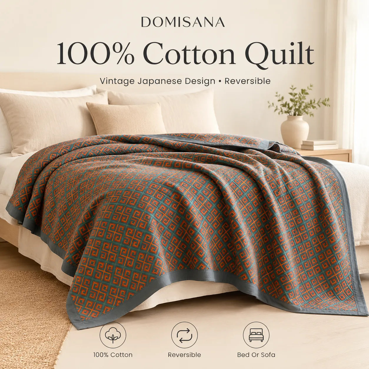 Vintage Japanese Cotton Quilt Reversible Coverlet 100 Cotton Bedspread Asian Art Bedding Boho Throw Blanket - View 2