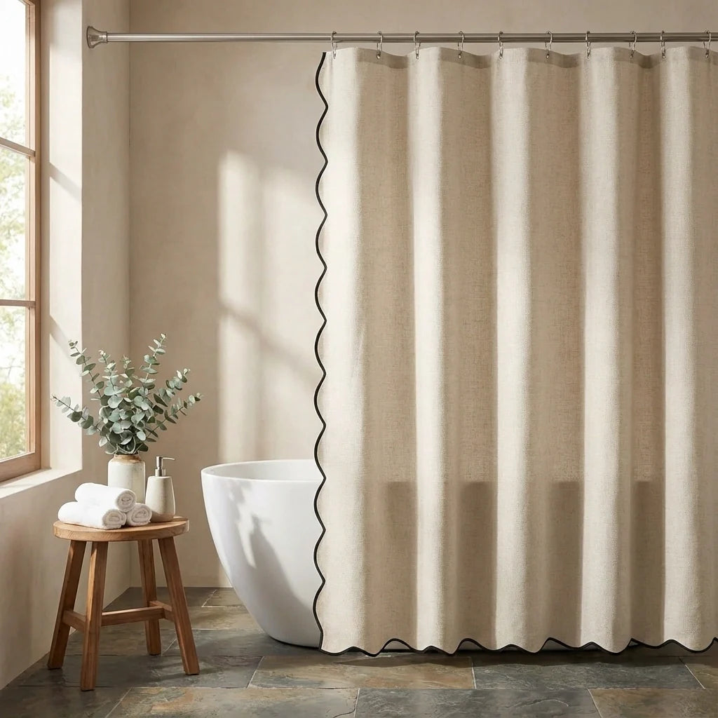 Scalloped Linen Bathroom Shower Curtain — Fabric Bath Decor, Water-Resistant Liner, Modern Farmhouse, Ring-Free Hookless - View 6