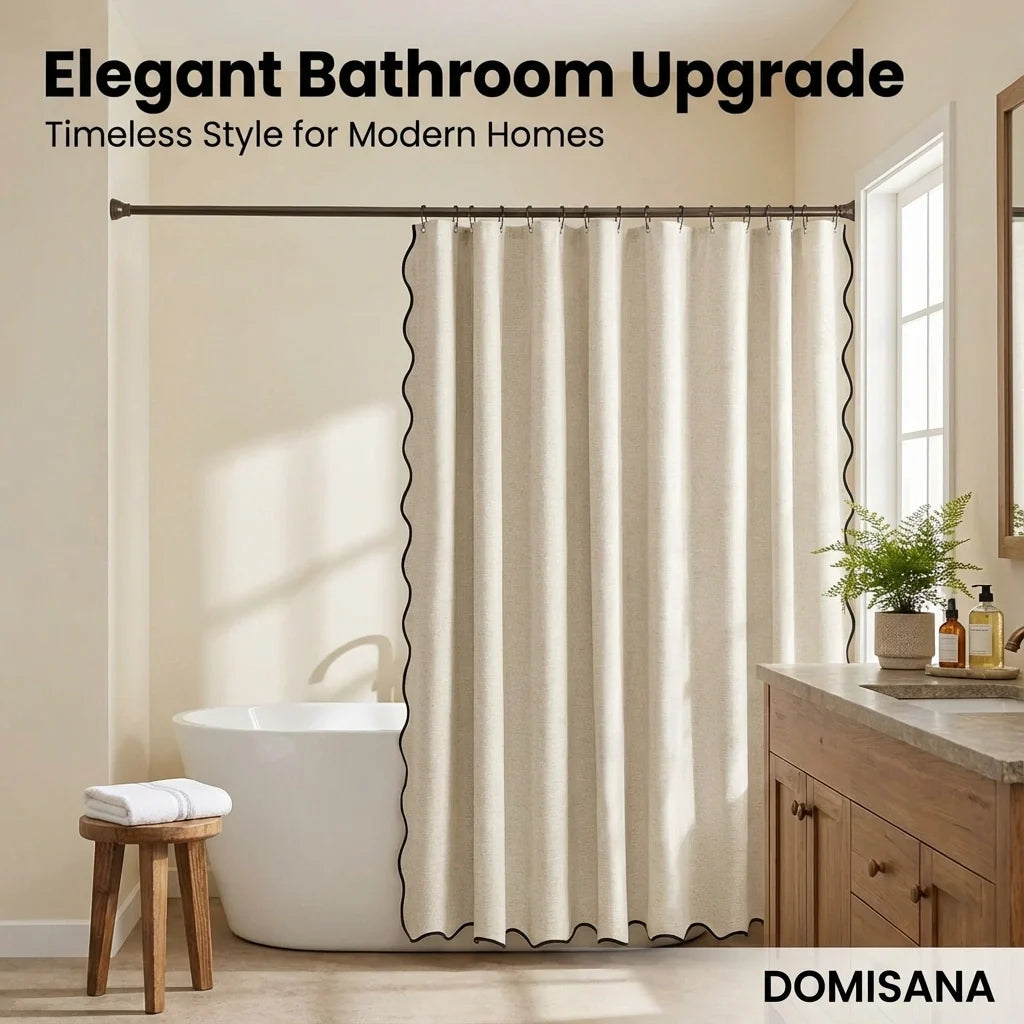 Scalloped Linen Bathroom Shower Curtain — Fabric Bath Decor, Water-Resistant Liner, Modern Farmhouse, Ring-Free Hookless - View 5
