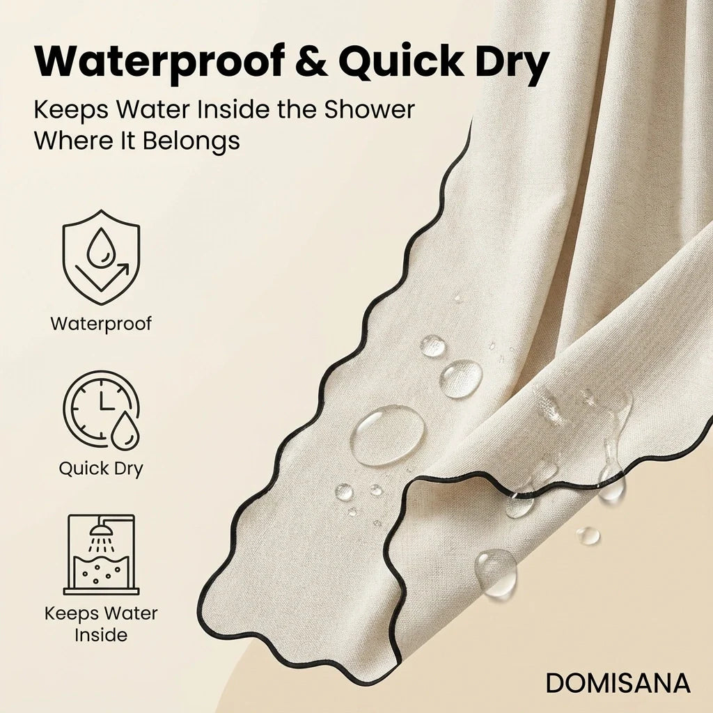 Scalloped Linen Bathroom Shower Curtain — Fabric Bath Decor, Water-Resistant Liner, Modern Farmhouse, Ring-Free Hookless - View 3