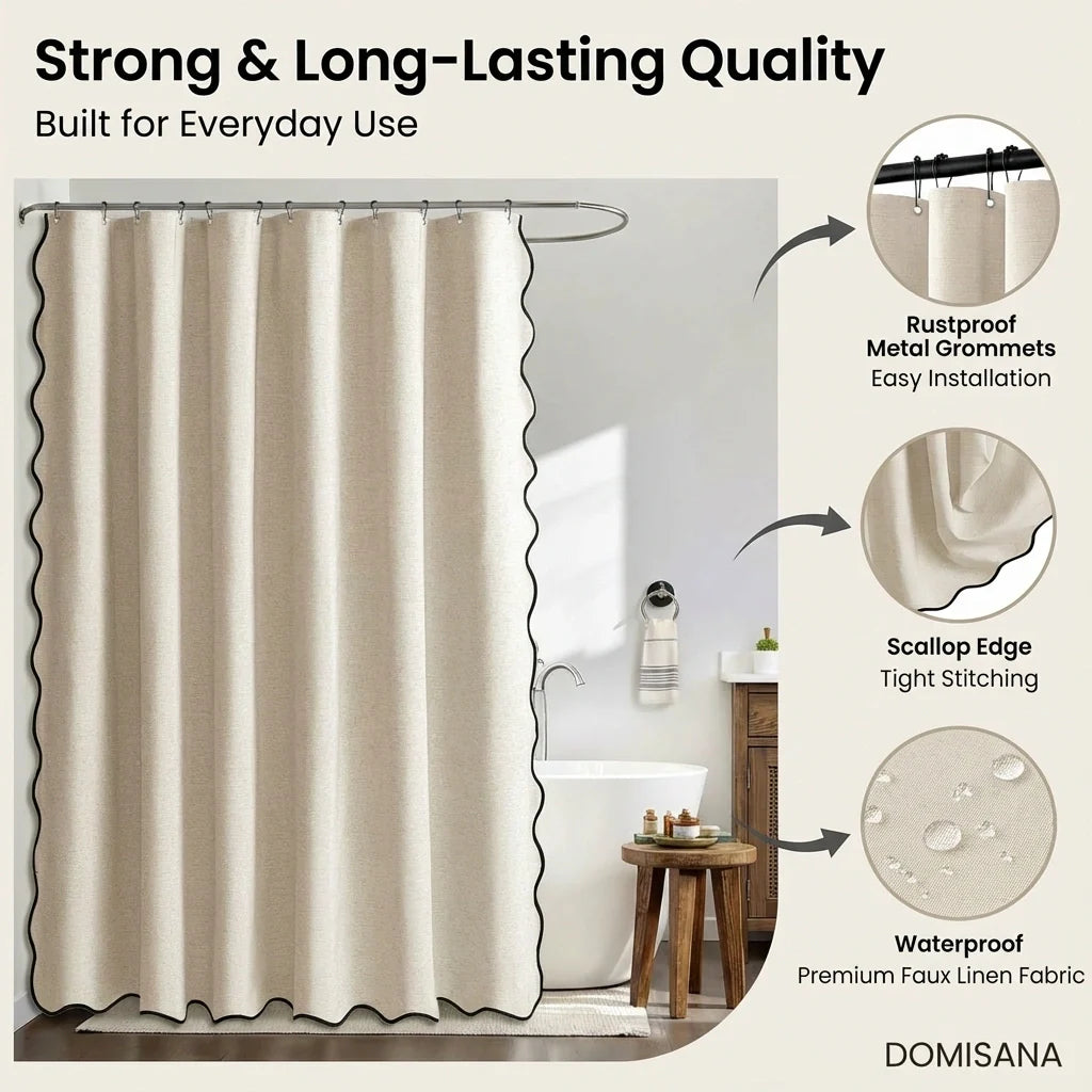 Scalloped Linen Bathroom Shower Curtain — Fabric Bath Decor, Water-Resistant Liner, Modern Farmhouse, Ring-Free Hookless - View 2