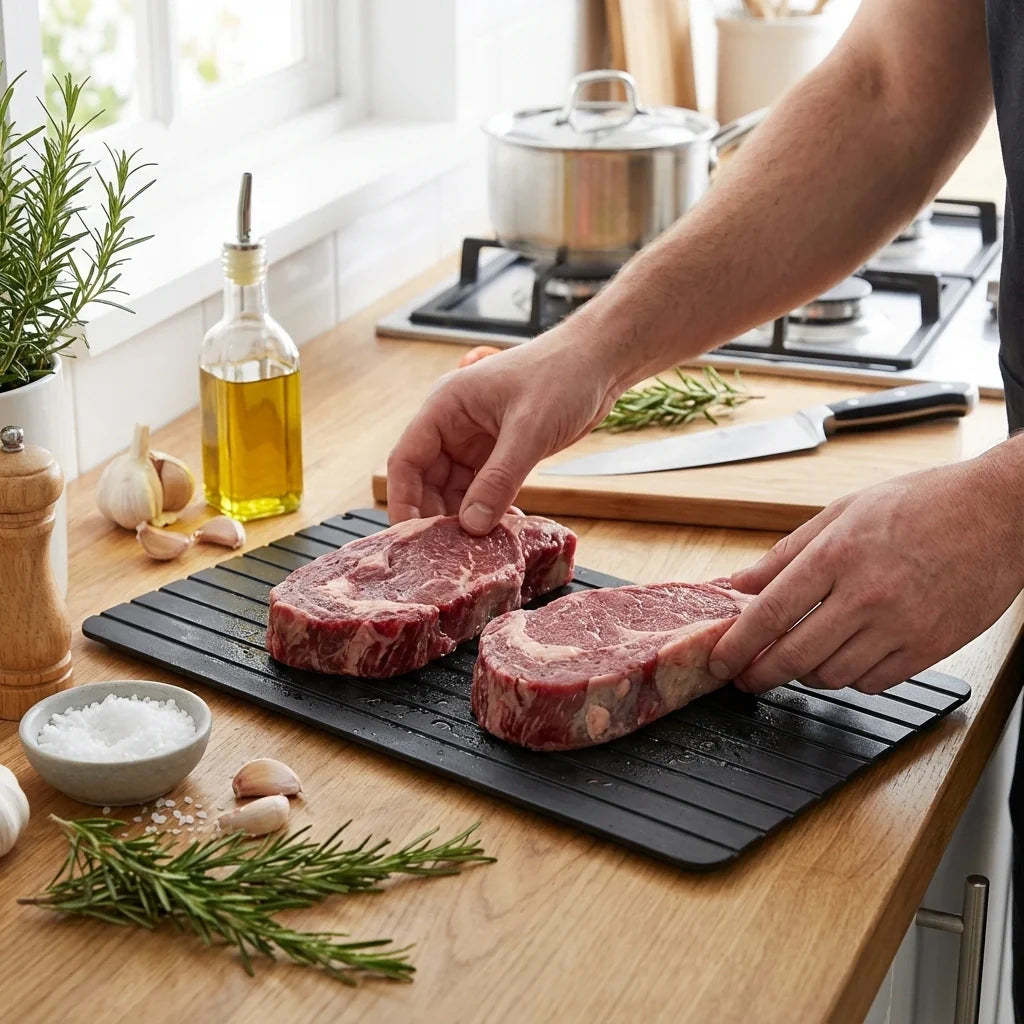 InstaDefrost Aluminum Tray — Rapid Thawing Board, Defrost Plate for Meat, Quick Kitchen Tool, Fast Frozen Food Thawer - View 5
