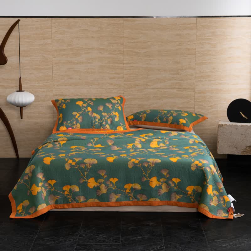 Ginkgo Cotton Quilt Eco-Friendly Reversible Botanical Bedspread Nature Coverlet Organic Cotton Throw Leaf Print Bedding - View 2
