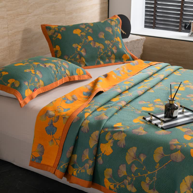Ginkgo Cotton Quilt Eco-Friendly Reversible Botanical Bedspread Nature Coverlet Organic Cotton Throw Leaf Print Bedding - View 6