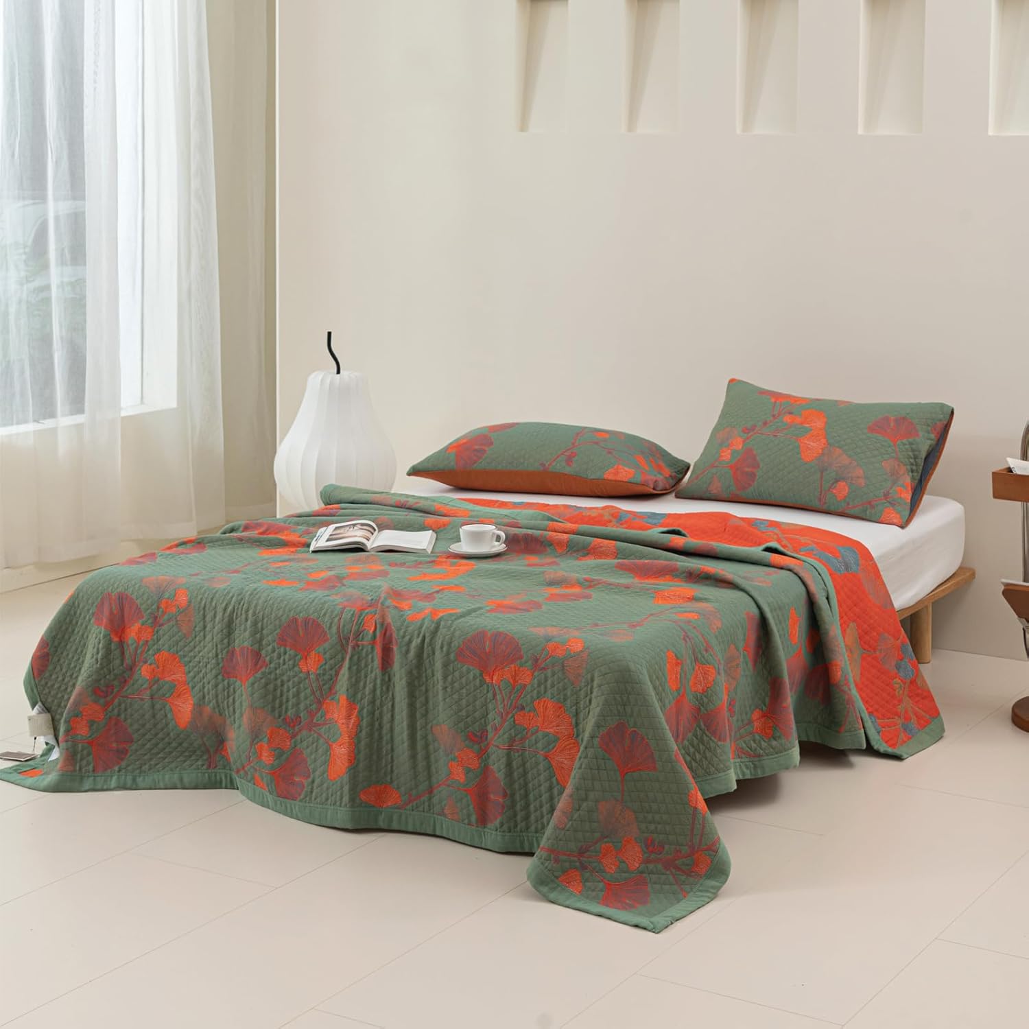 Ginkgo Quilt Bedding Set — Orange Bloom Floral Coverlet Queen Reversible Quilt Lightweight Bedspread Botanical Cotton Qu - View 5