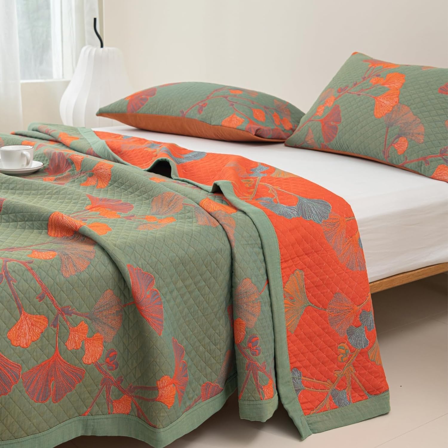 Ginkgo Quilt Bedding Set — Orange Bloom Floral Coverlet Queen Reversible Quilt Lightweight Bedspread Botanical Cotton Qu - View 2