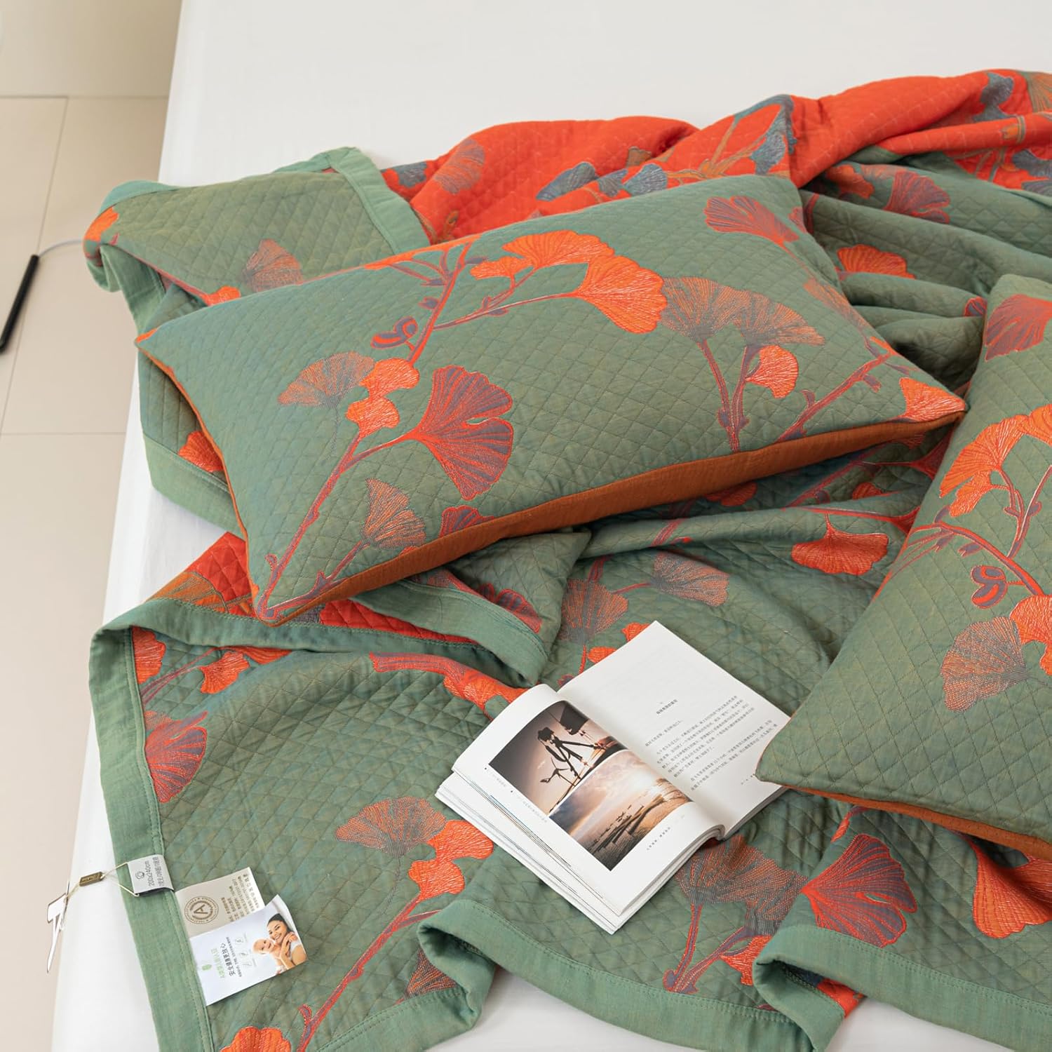 Ginkgo Quilt Bedding Set — Orange Bloom Floral Coverlet Queen Reversible Quilt Lightweight Bedspread Botanical Cotton Qu - View 4