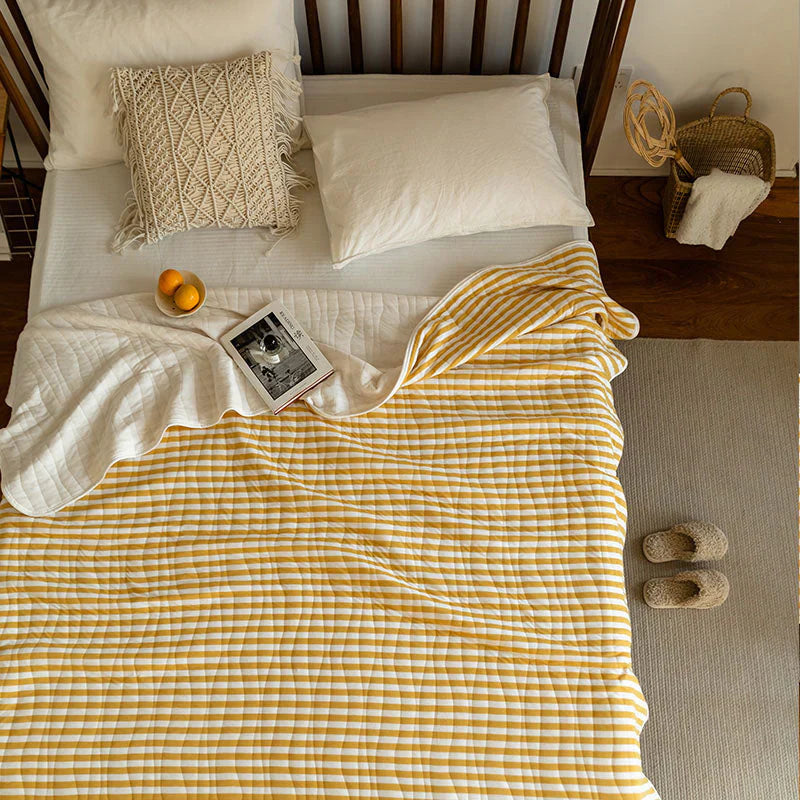 Striped Cotton Quilt Japanese Inspired Lightweight Summer Bedspread Reversible Coverlet Boho Striped Throw Twin Blanket - View 4