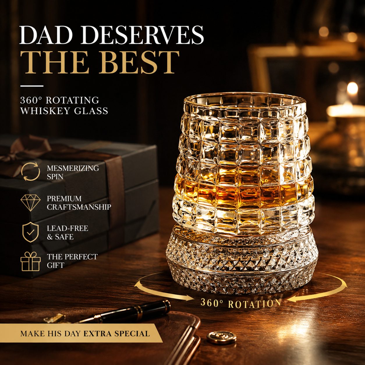 360° Rotating Whiskey Glass Tumbler — Spinning Bourbon Glass, Bar Gift, Lead-Free Crystal, Whiskey Lover Novelty - View 2