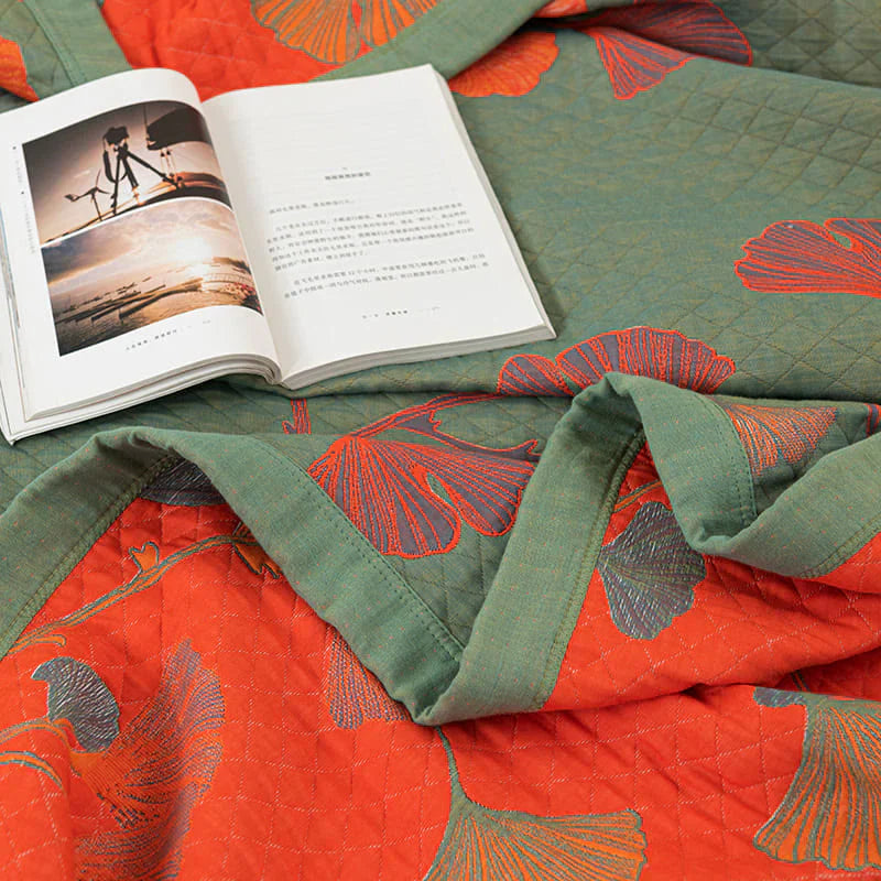 Ginkgo Quilt Bedding Set — Orange Bloom Floral Coverlet Queen Reversible Quilt Lightweight Bedspread Botanical Cotton Qu - View 6