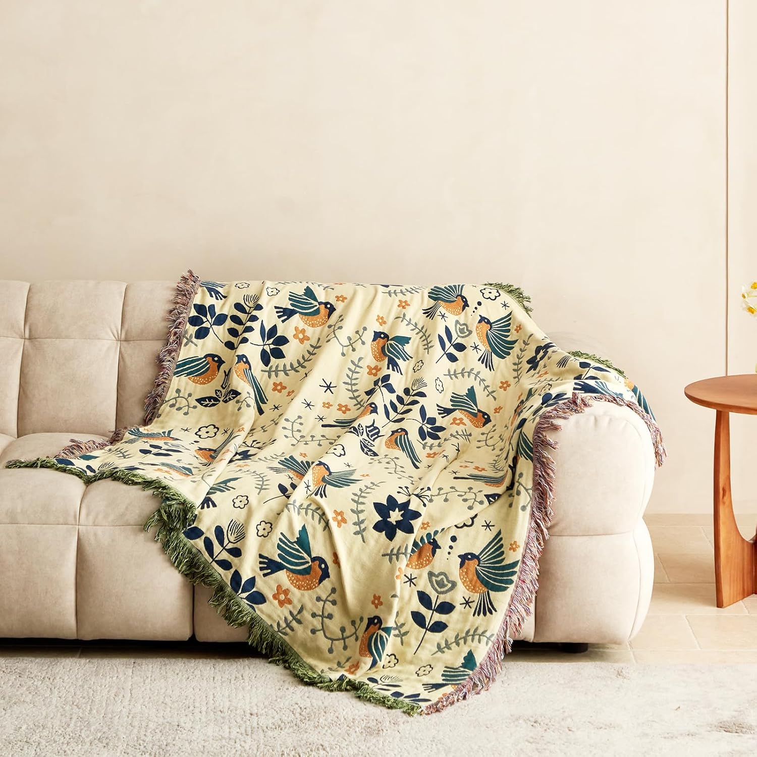 Cotton Throw Blanket Reversible Bird — Sofa Cover, Decorative Blanket, Farmhouse Throw, Living Room Accent - View 4