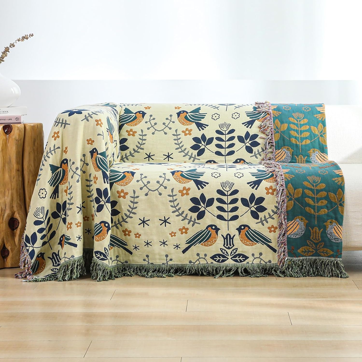 Cotton Throw Blanket Reversible Bird — Sofa Cover, Decorative Blanket, Farmhouse Throw, Living Room Accent - View 6