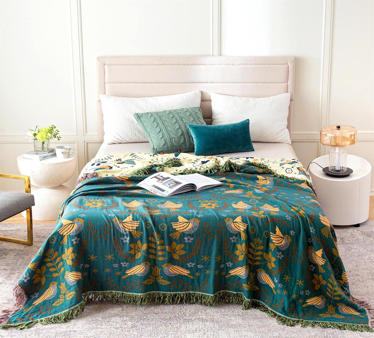 Cotton Throw Blanket Reversible Bird — Sofa Cover, Decorative Blanket, Farmhouse Throw, Living Room Accent - View 2