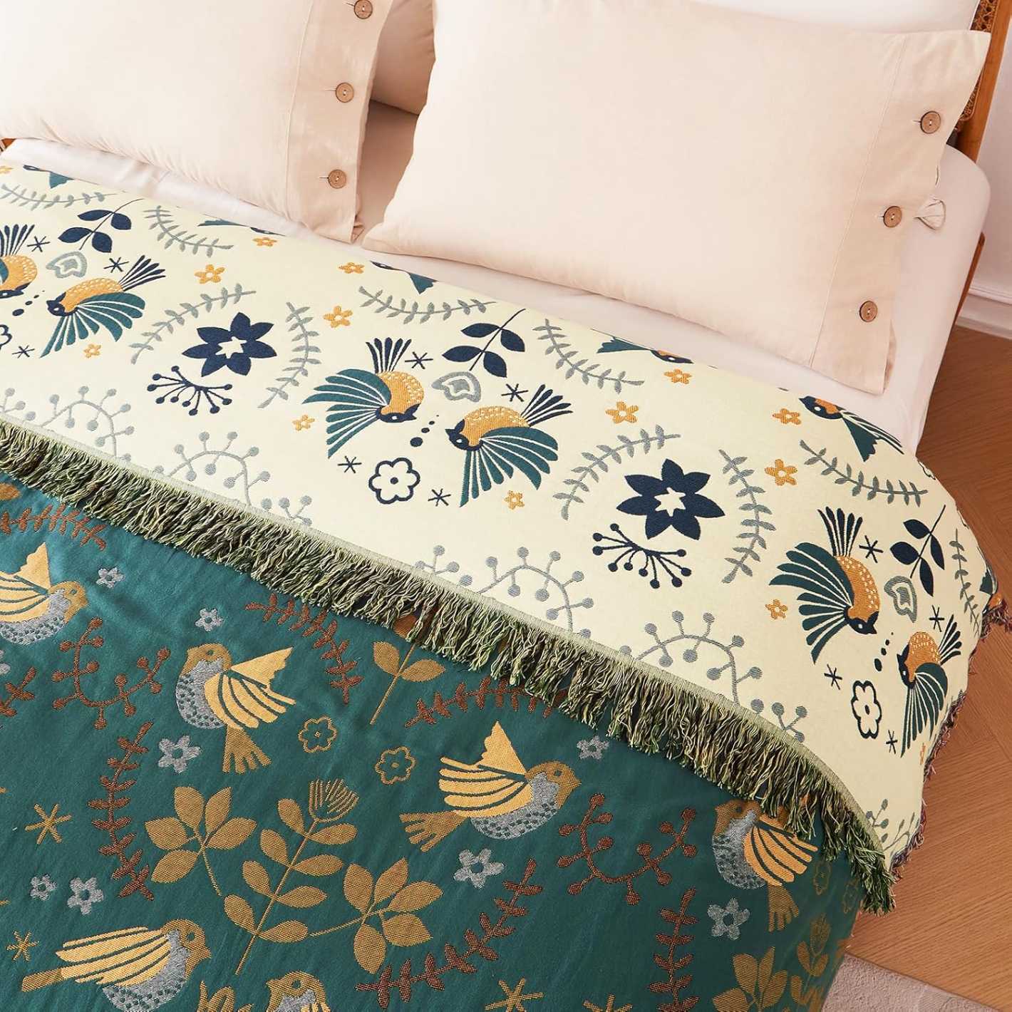 Cotton Throw Blanket Reversible Bird — Sofa Cover, Decorative Blanket, Farmhouse Throw, Living Room Accent - View 5