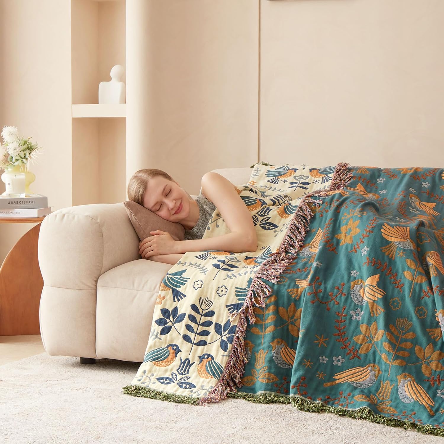 Cotton Throw Blanket Reversible Bird — Sofa Cover, Decorative Blanket, Farmhouse Throw, Living Room Accent - View 3