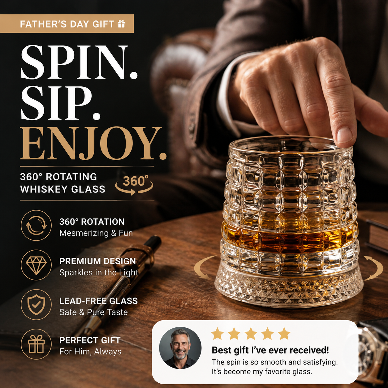 360° Rotating Whiskey Glass Tumbler — Spinning Bourbon Glass, Bar Gift, Lead-Free Crystal, Whiskey Lover Novelty - View 3