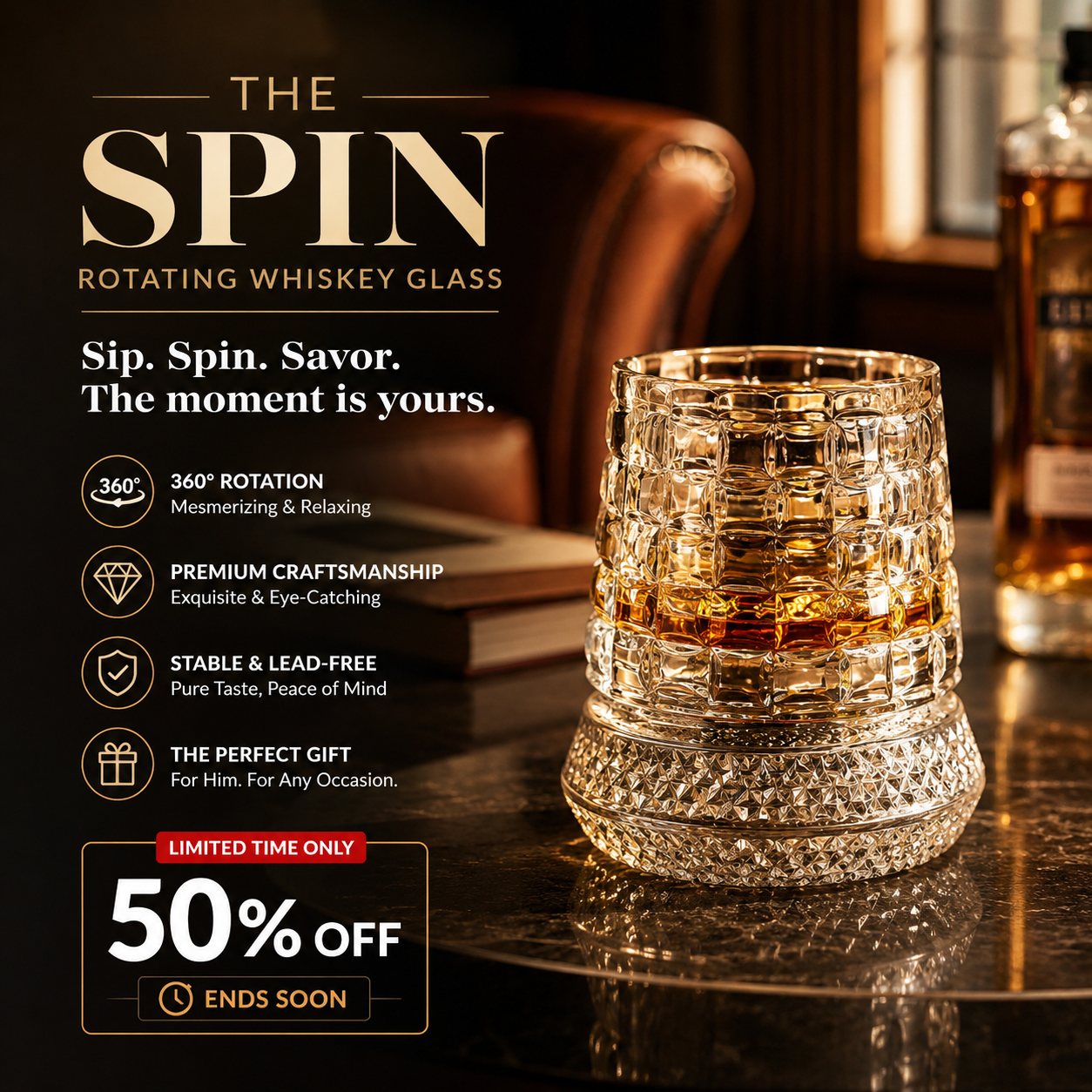 360° Rotating Whiskey Glass Tumbler — Spinning Bourbon Glass, Bar Gift, Lead-Free Crystal, Whiskey Lover Novelty - View 4
