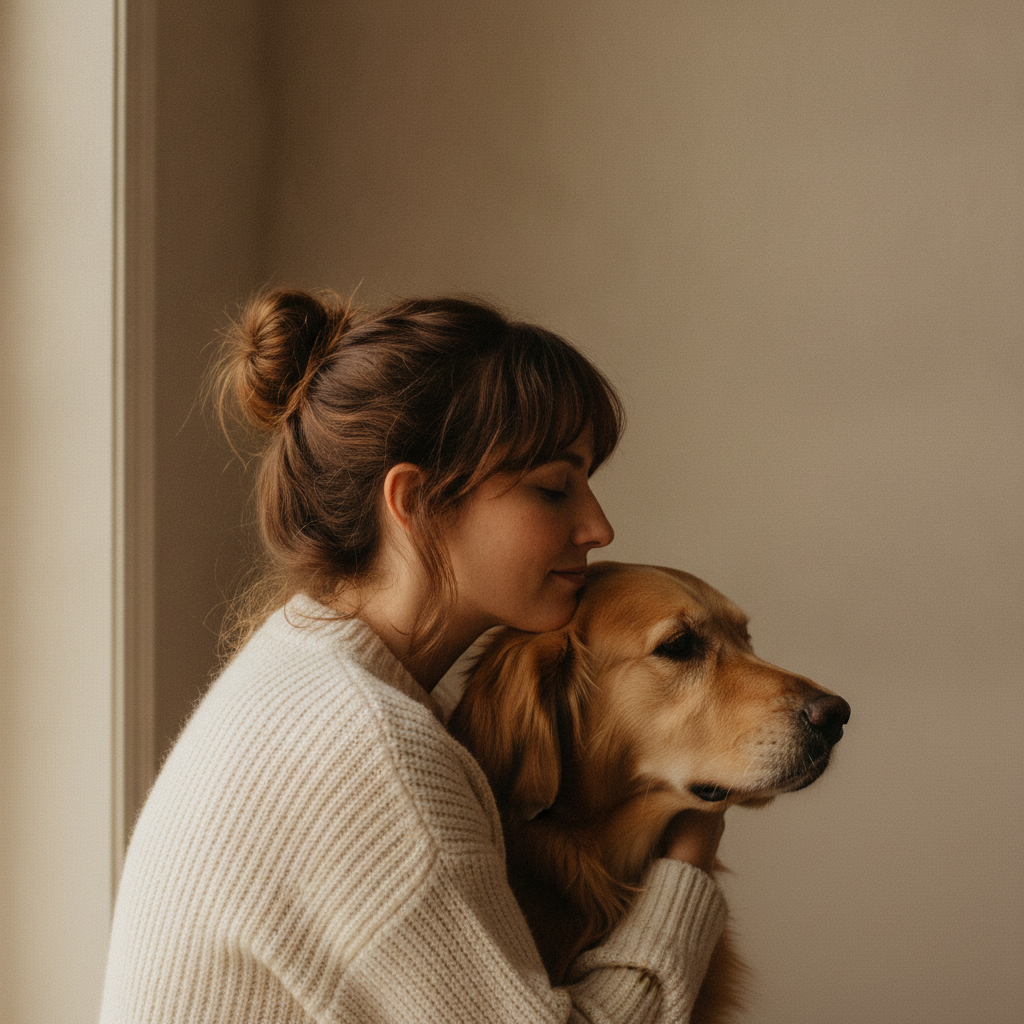 Woman hugging her golden retriever